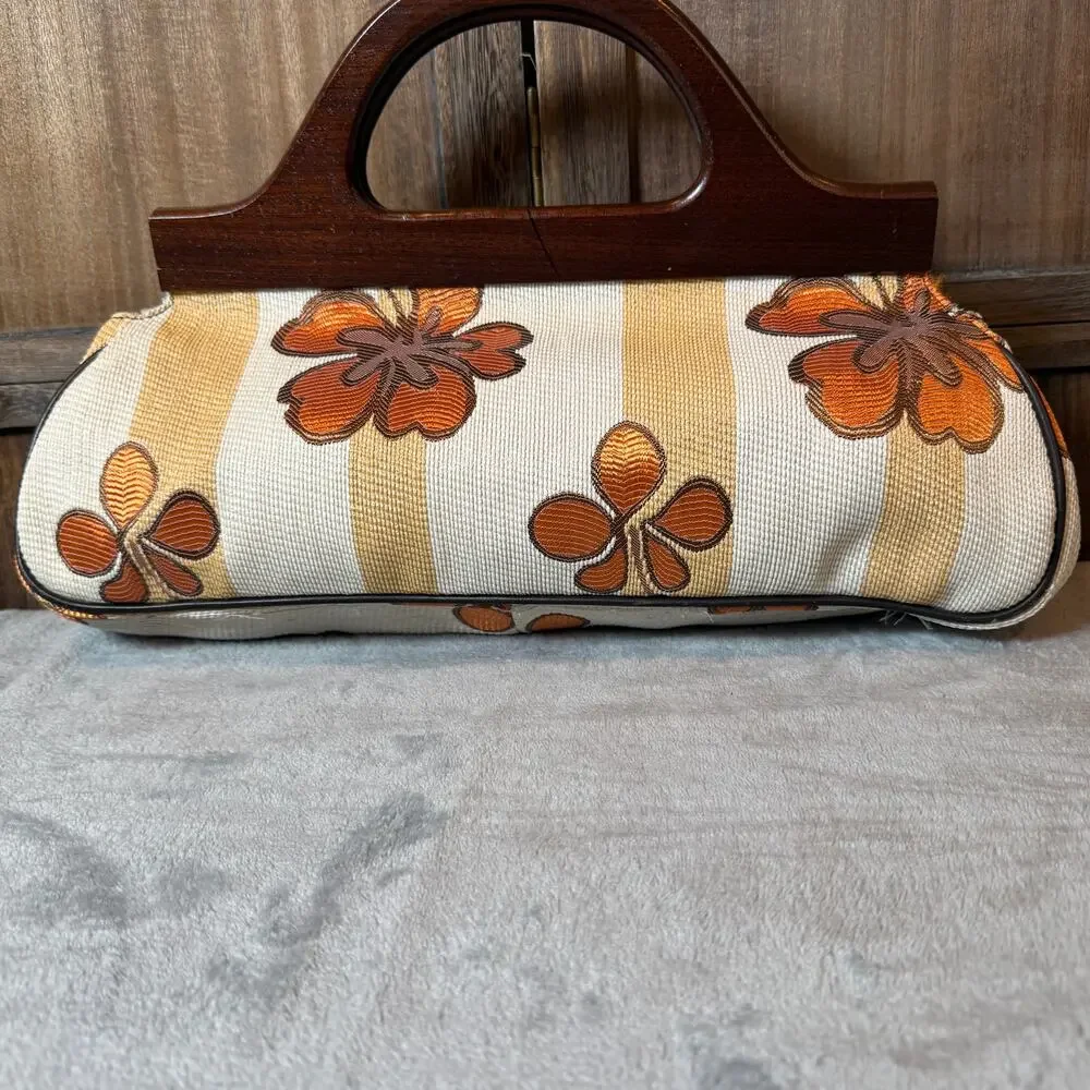 Vintage Nordstrom Italy Floral Tapestry Handbag Wood Handle Boho Retro Purse